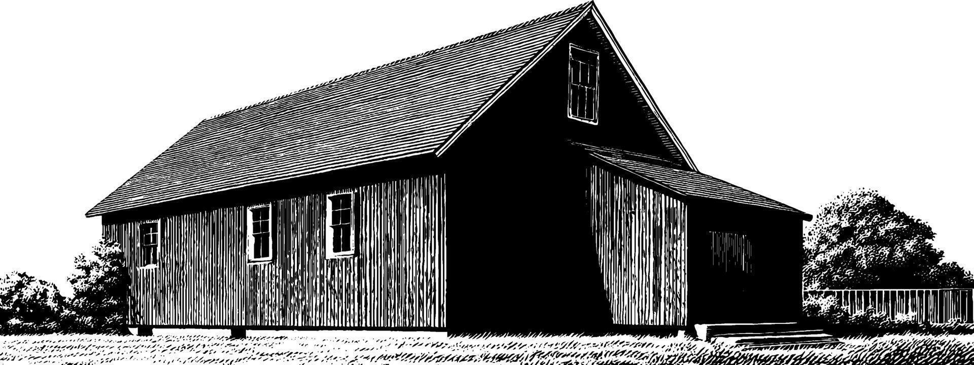 Rustic 1950s woodcut style illustration of a barn in black and white for vintage design. vector