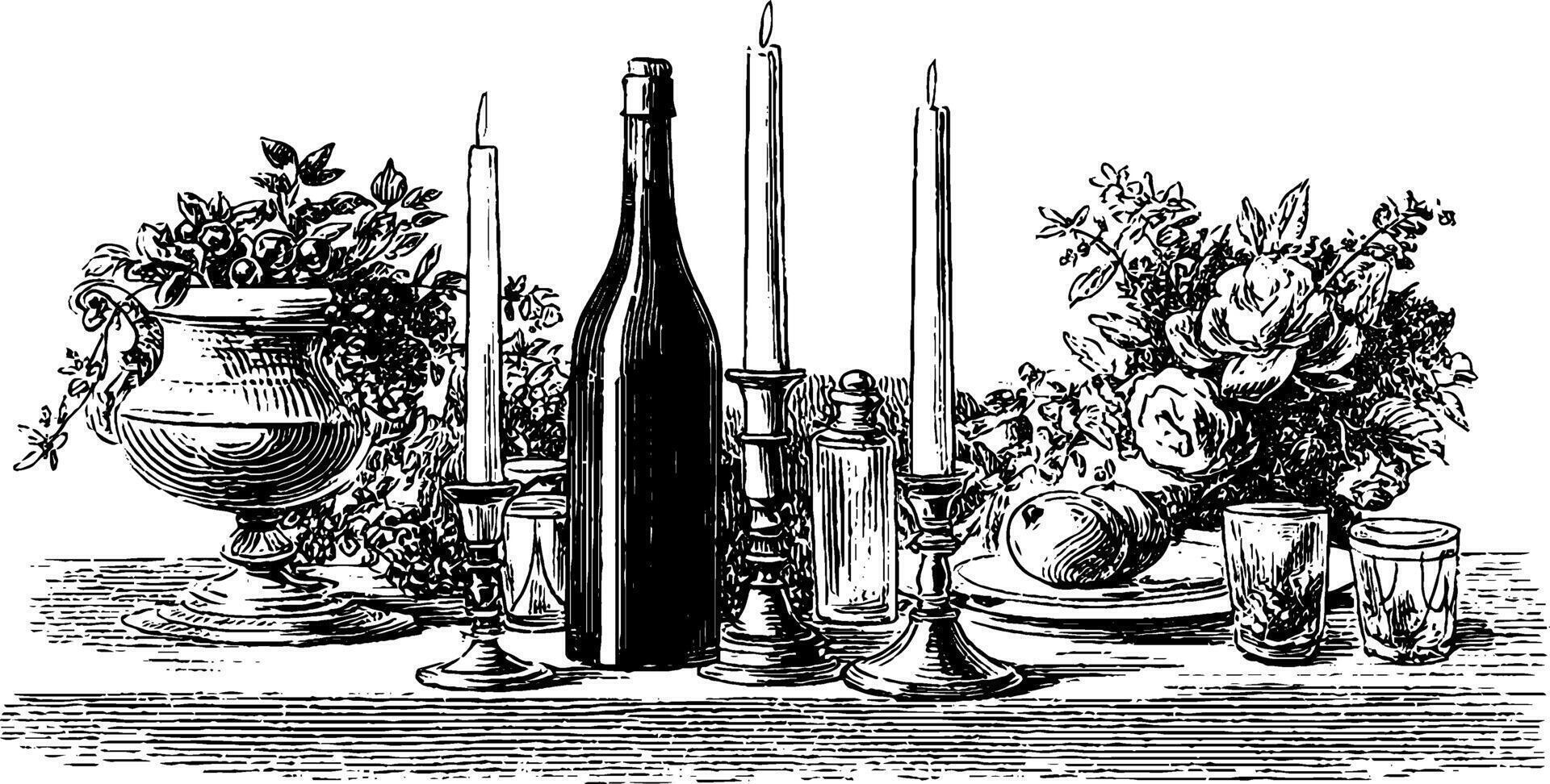 Romantic candlelit dinner setting in engraved style for wedding celebration design. vector