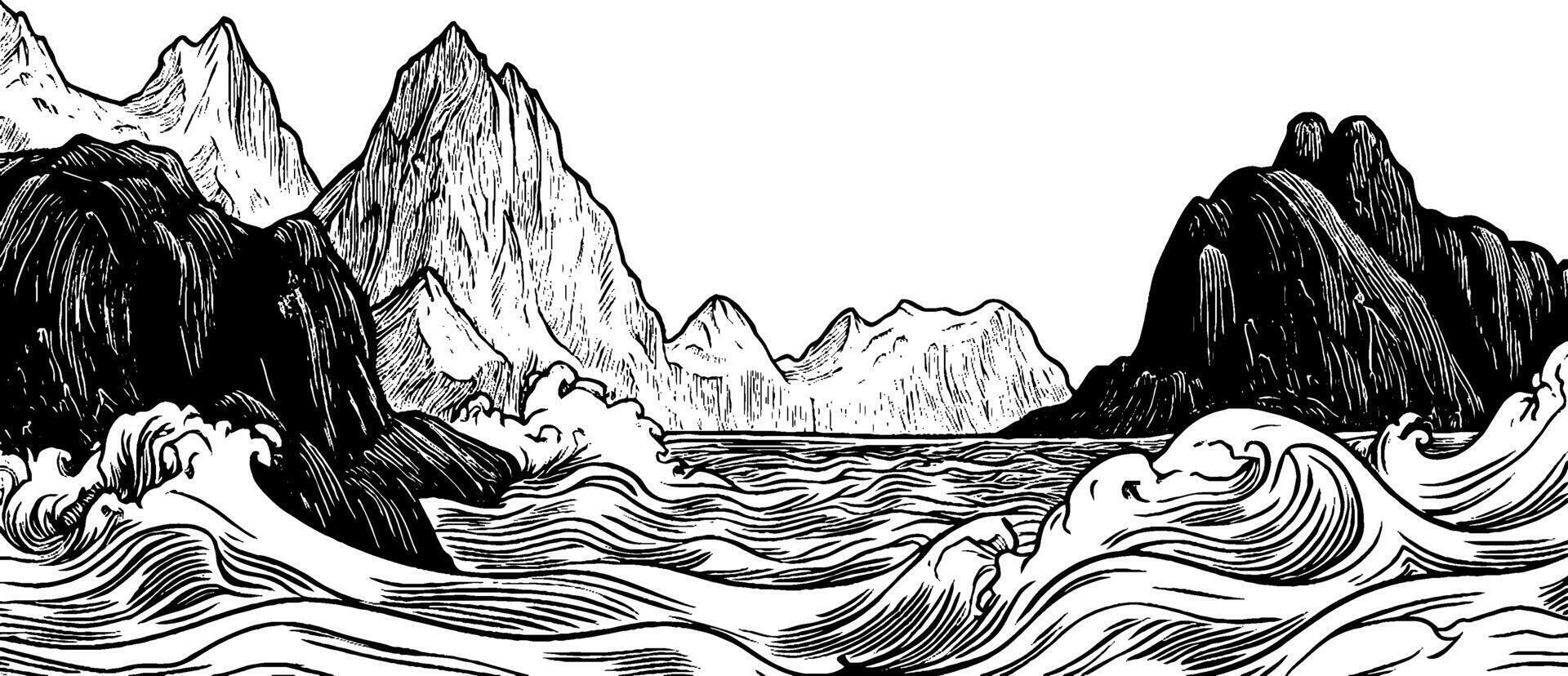 A black and white illustration of a turbulent ocean scene with large waves crashing against rocky cliffs and mountains in the background. vector