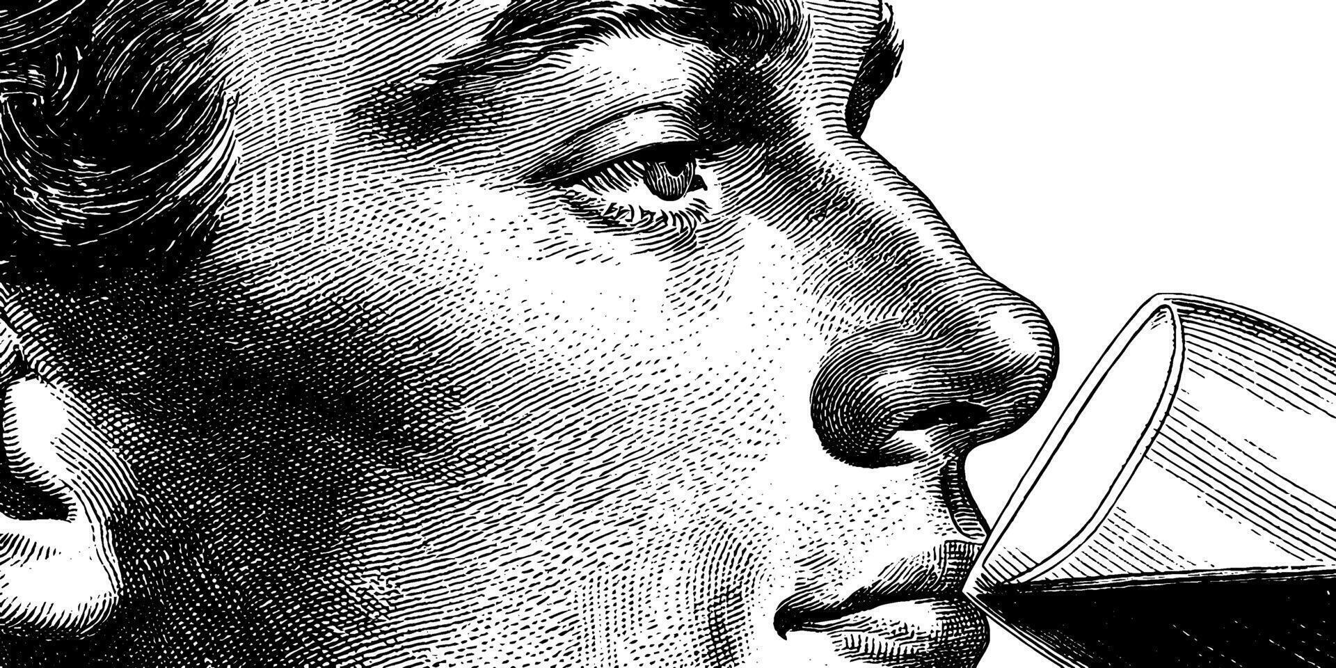 Vintage engraving of a caucasian male drinking from a glass. vector