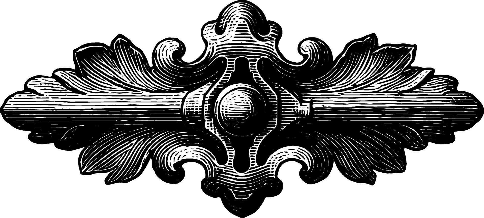 Intricate black and white ornate vintage design with curved leaves and central sphere. vector
