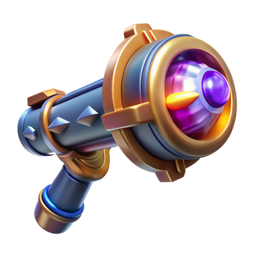 striking unparalleled Concept art style, hyper-specific render of an isolated cutout of a single, stylized, energy weapon with a cosmic energy core with Transparent Background png