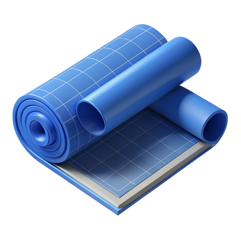 playful vibrant Photorealistic render of a single rolled-up blueprint with technical drawings visible, isolated cutout with Transparent Background top-tier png