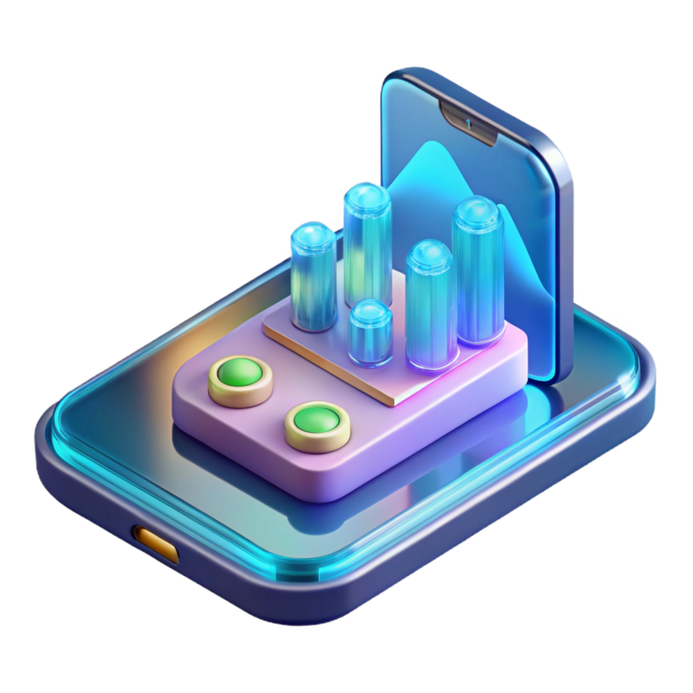 reflective picturesque Hyper-specific concept art style render of a futuristic transparent smartphone displaying holographic data, isolated cutout with Transparent Background high resolution png