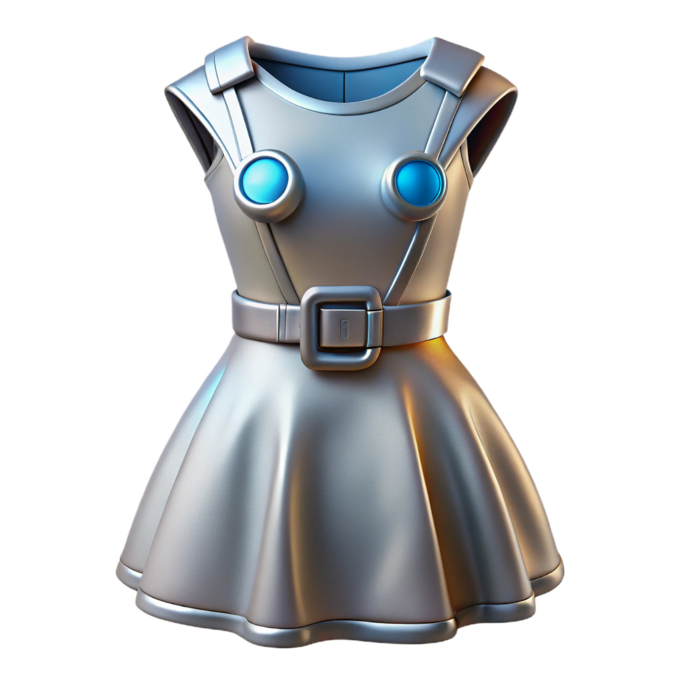 iconic artistic Concept art style, isolated cutout of a retro-futuristic silver metallic dress with glowing fiber optic accents and integrated belt buckle computer with Transparent Background 8K png