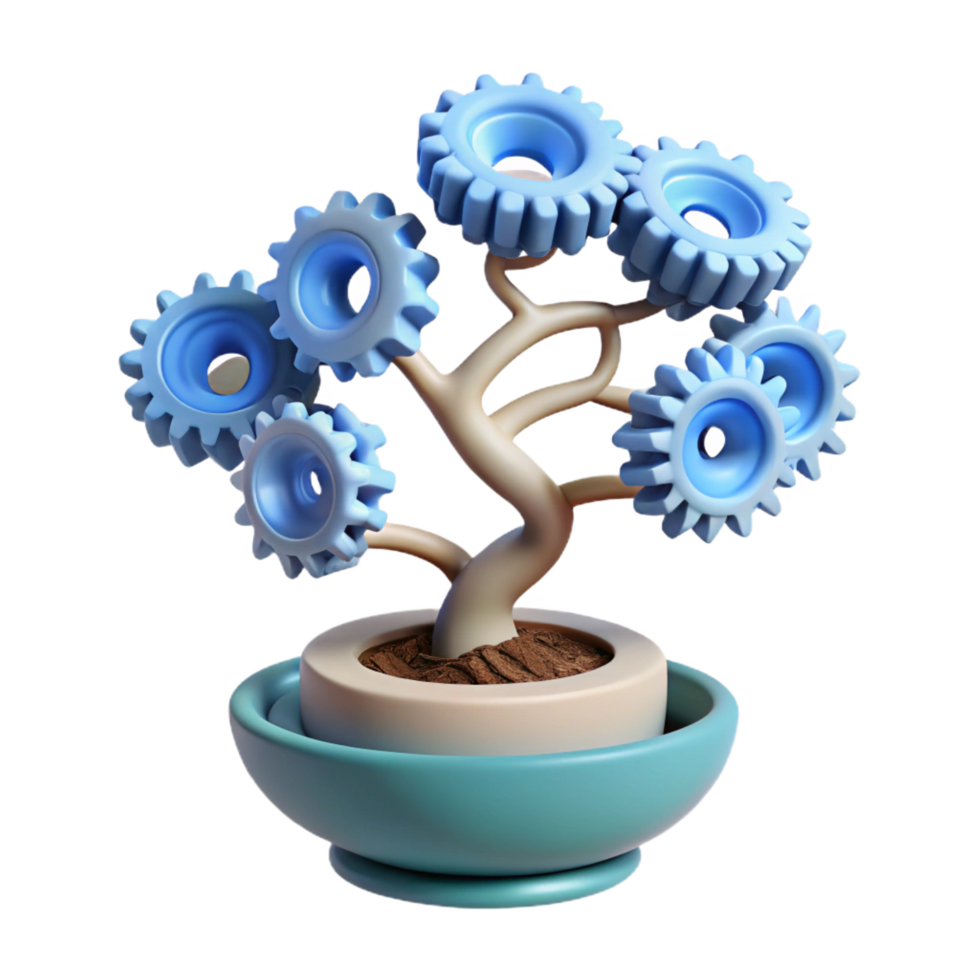 glorious passionate surreal Concept art style, isolated cutout of a single, floating, bonsai tree made entirely of interconnected gears and springs with Transparent Background artisan png