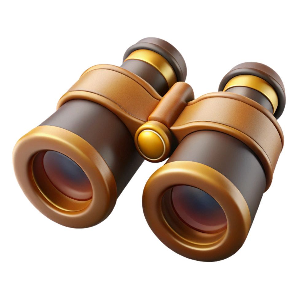 extraordinary celebrated Ultra-detailed, photorealistic, isolated cutout Professional render of a pair of binoculars with brass accents and adjustable lenses with Transparent Background png