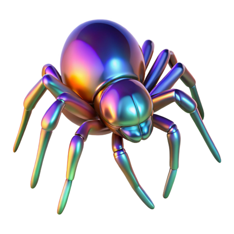 ethereal dazzling Concept art style, isolated cutout of a single, giant, iridescent spider with legs made of spun glass with Transparent Background refined png