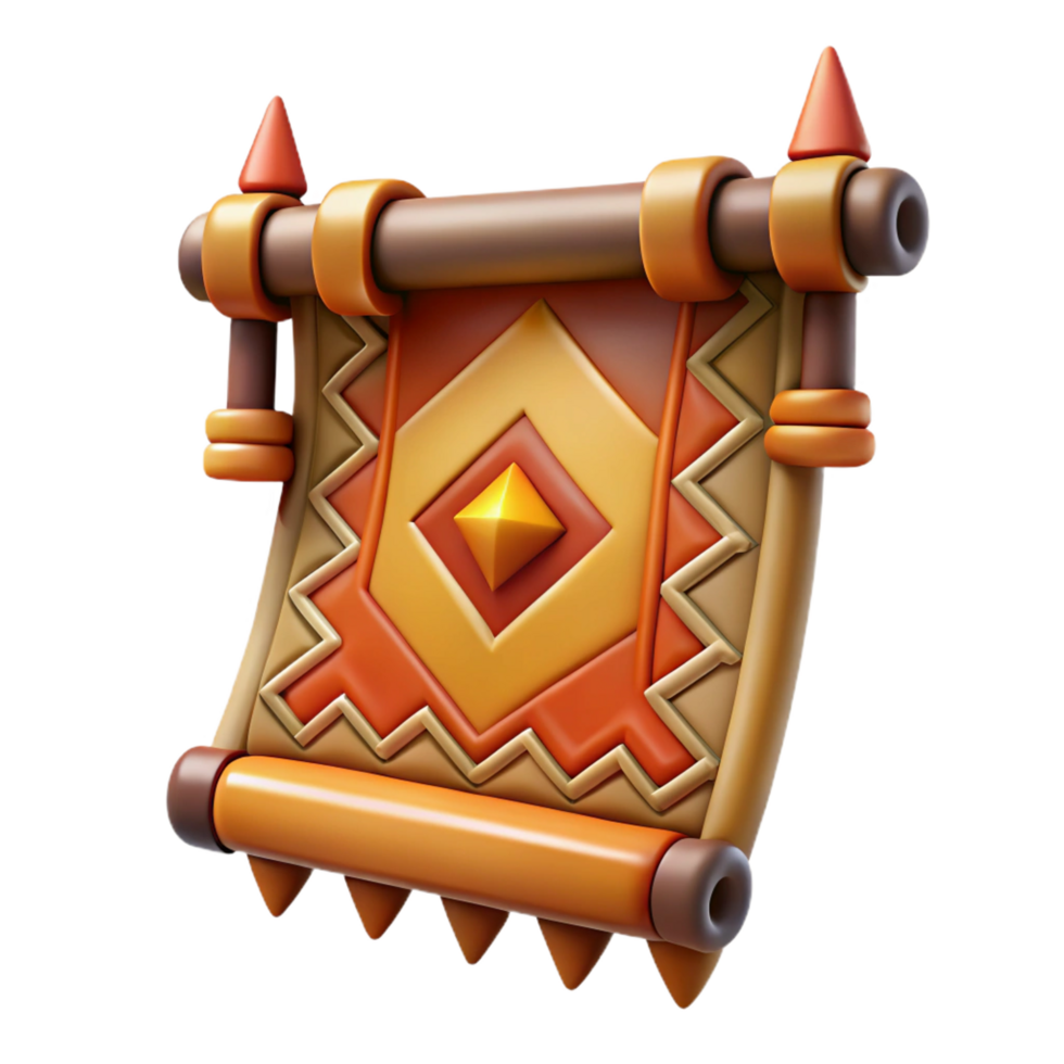stunning signature Concept art style, isolated cutout of a single tribal woven tapestry with a complex narrative scene depicted in abstract patterns with Transparent Background png