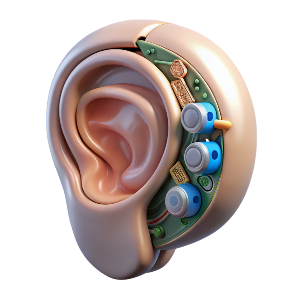 reflective sumptuous Hyper-specific, photorealistic, isolated cutout, concept art style of a single, advanced, cybernetic ear implant with intricate circuitry with Transparent Background original png