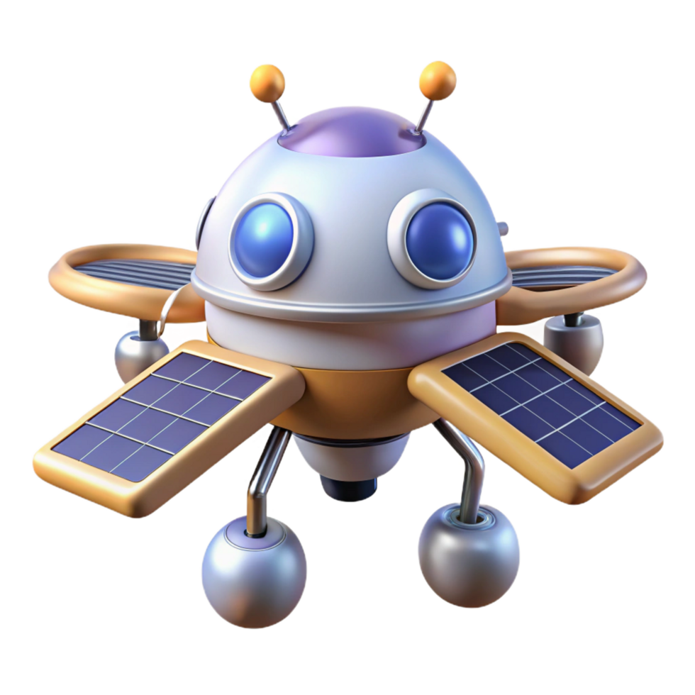 dazzling joyful baroque Hyper-specific concept art style, isolated cutout, single stylized robotic space drone with retractable solar panels with Transparent Background impeccable png
