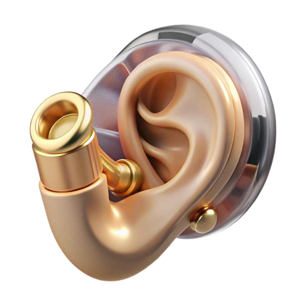 bold picturesque Hyper-specific photorealistic biomechanical ear, internal components visible, audio receptors enhanced, chrome and gold, isolated cutout with Transparent Background handcrafted png