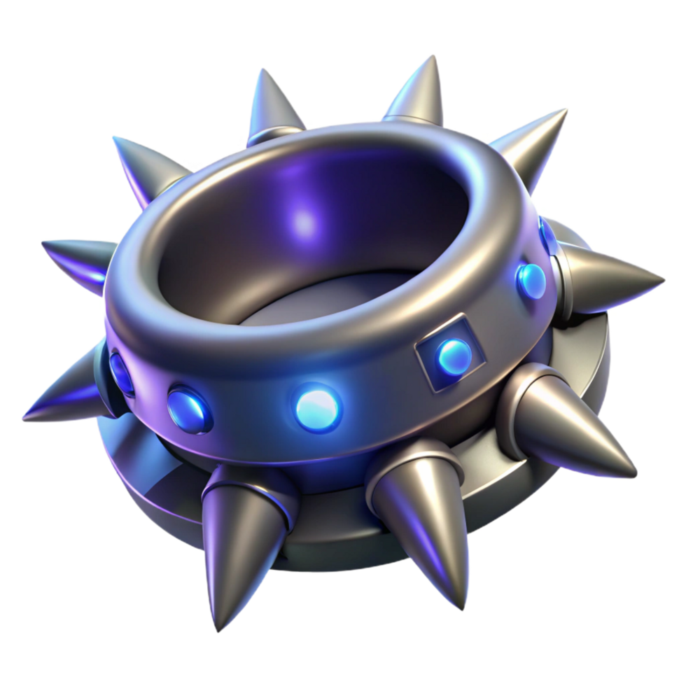 energetic wonderful Hyper-specific, isolated cutout, concept art style of a futuristic, spiked, metal collar with integrated LED lights with Transparent Background museum quality png