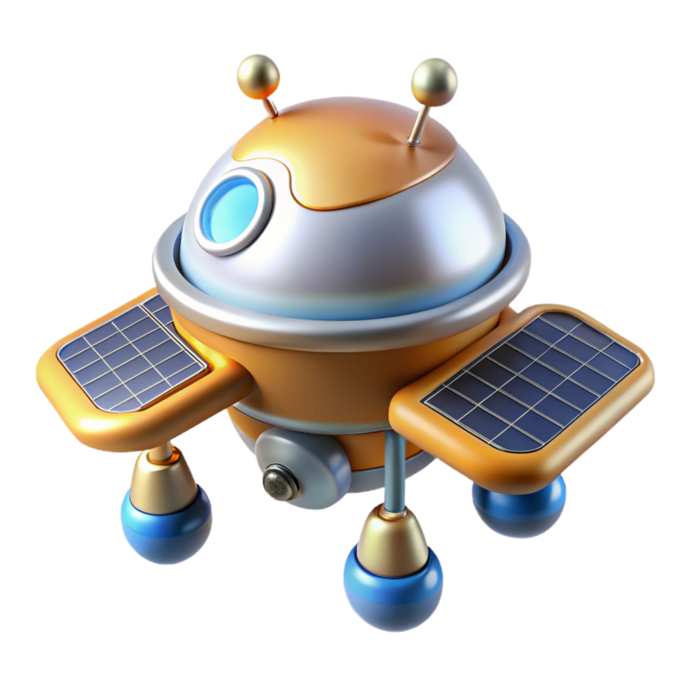 dazzling elegant Hyper-specific concept art style, isolated cutout, single stylized robotic space drone with retractable solar panels with Transparent Background exclusive png