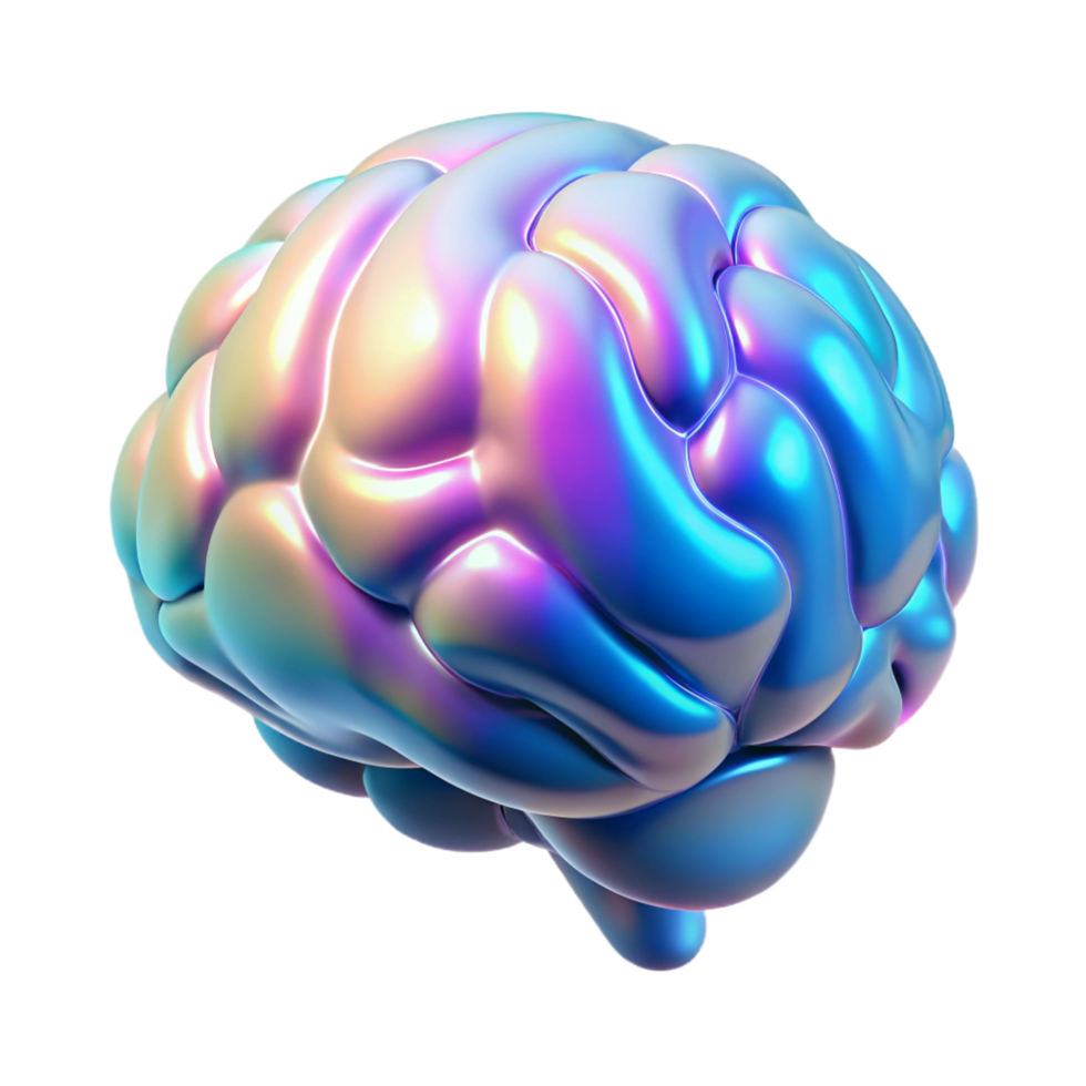 radiant iconic Hyper-specific concept art style render of a holographic projection of a human brain, rotating slowly, isolated cutout with Transparent Background png