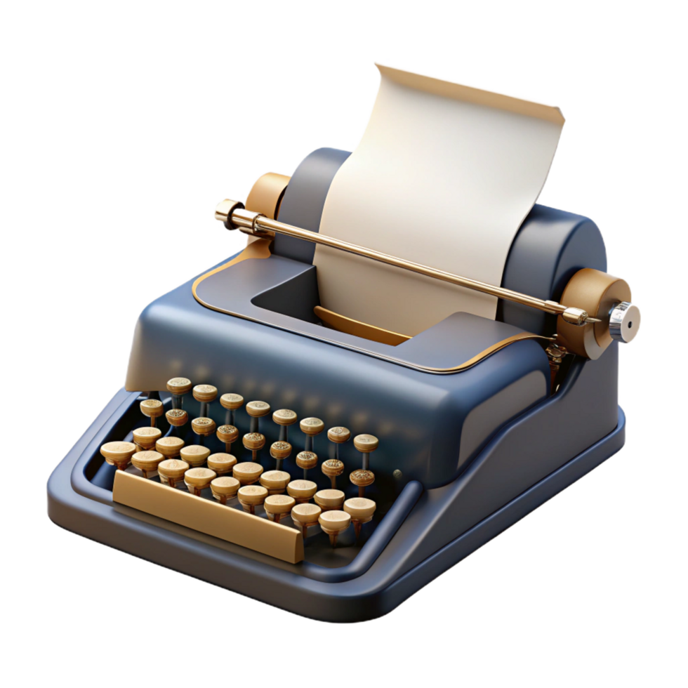 coveted bohemian Ultra-detailed photorealistic render of a single antique typewriter with a blank sheet of paper, isolated cutout with Transparent Background studio quality png