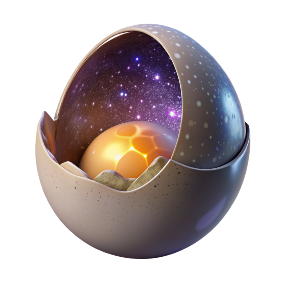 fascinating tranquil vintage Ultra-detailed, professional render of a solitary, levitating, cracked, eggshell, with a miniature, glowing galaxy visible inside with Transparent Background handcrafted png