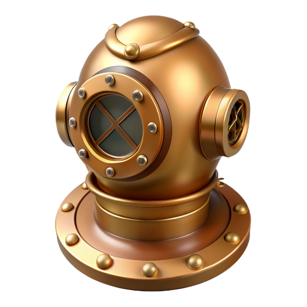 joyful beautiful Concept art style, isolated cutout Hyper-specific render of a brass diving helmet with ornate rivets and circular glass viewport with Transparent Background high quality png