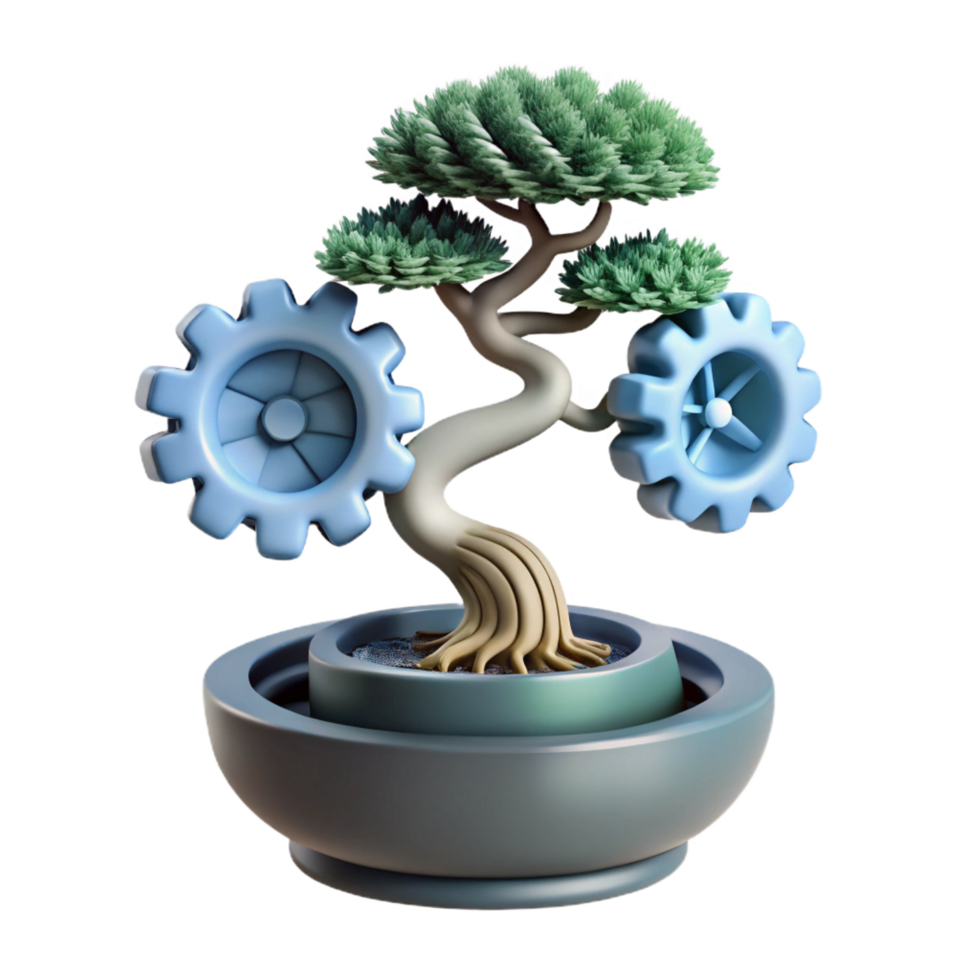bold radiant Concept art style, isolated cutout of a single, floating, bonsai tree made entirely of interconnected gears and springs with Transparent Background professional png