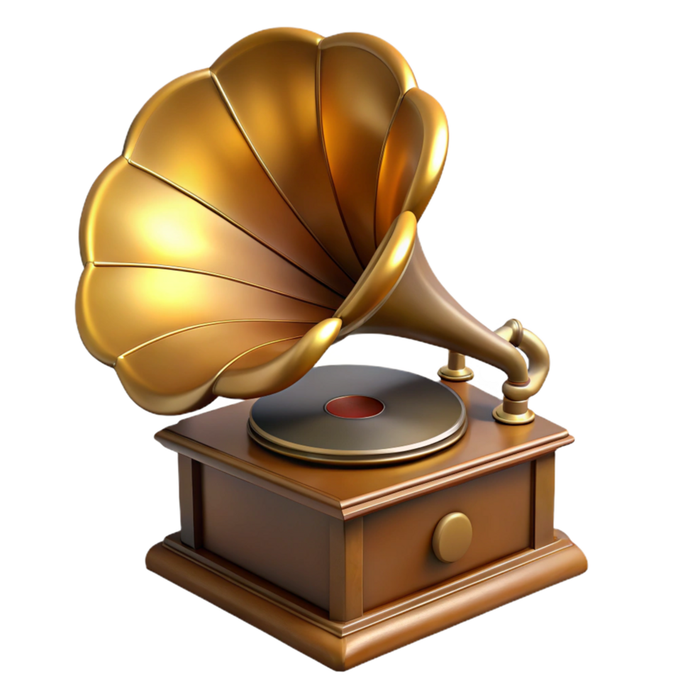 hypnotic avant-garde Photorealistic, hyper-specific professional render of a single, antique gramophone, isolated cutout with Transparent Background museum quality png