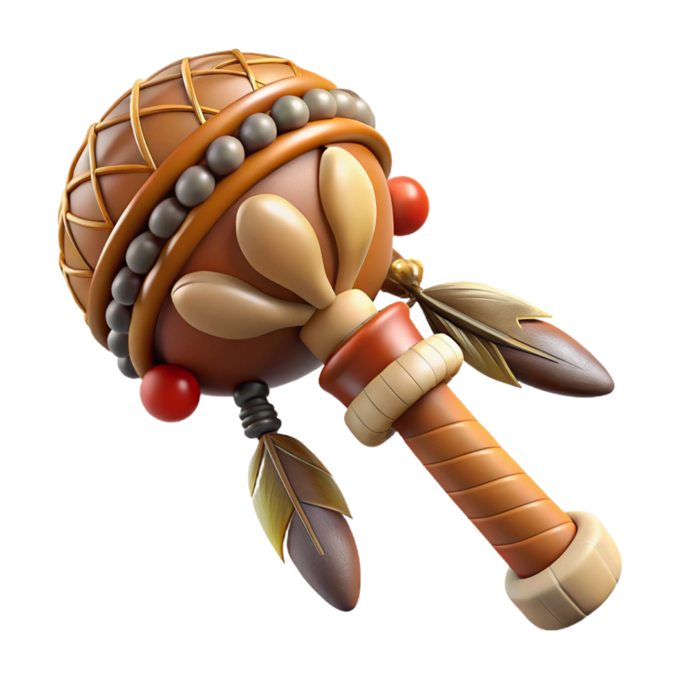 glorious celebrated Concept art style, isolated cutout, tribal shaman's ceremonial rattle, carved bone, feathers, beads, leather wrapping with Transparent Background png
