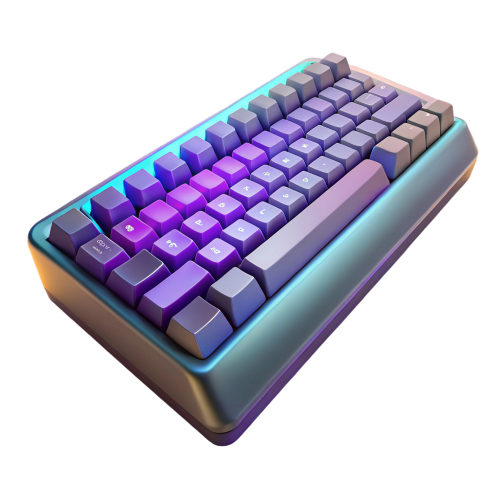 ethereal vibrant Photorealistic, ultra-detailed professional render of an isolated cutout of a single, modern gaming keyboard with RGB lighting, no keys pressed with Transparent Background handcrafted png