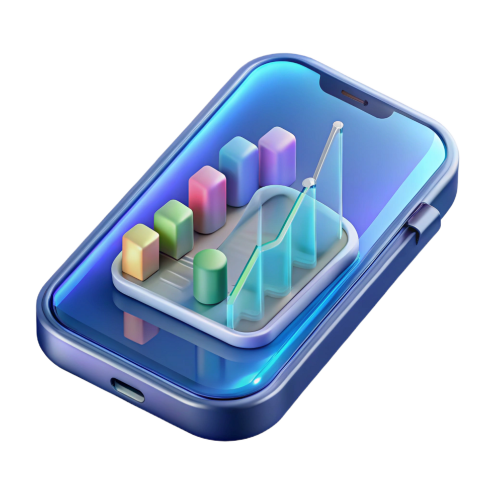 playful magnificent Concept art style, isolated cutout of a transparent, holographic smartphone displaying a stock market graph, ultra-detailed with Transparent Background 4K png