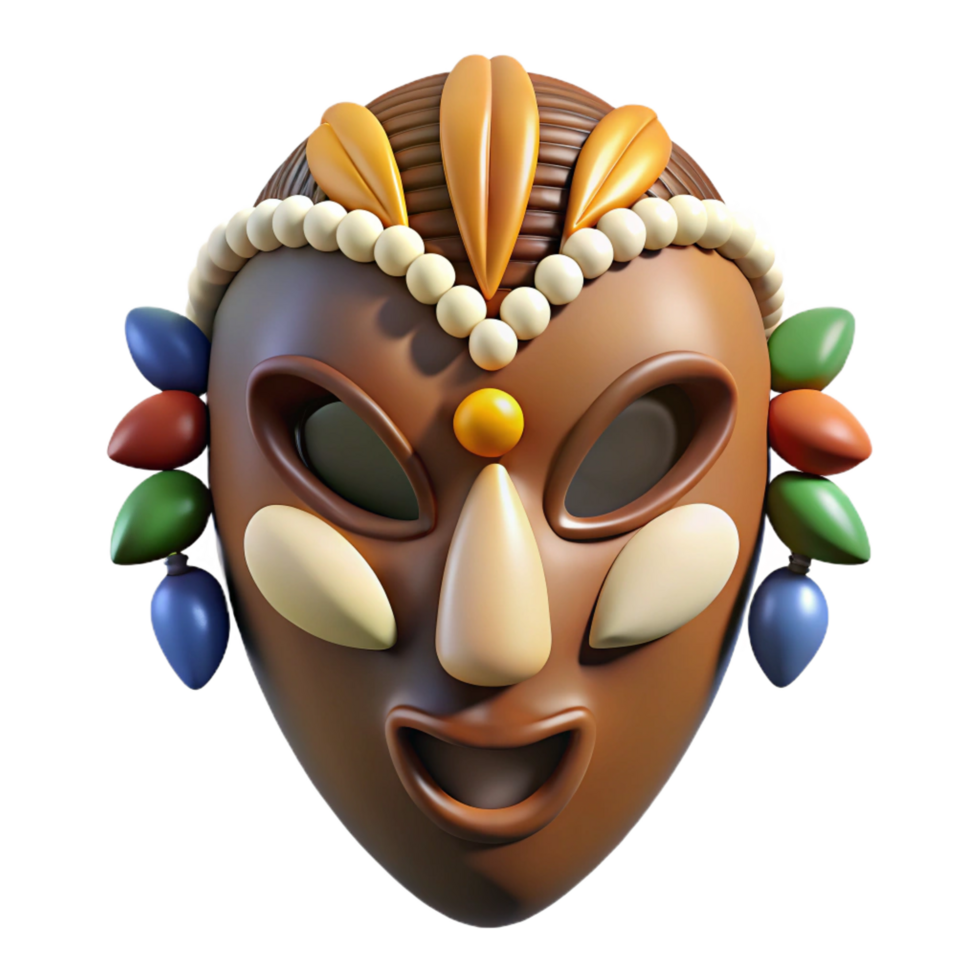 immaculate celebrated Photorealistic ultra-detailed isolated cutout of a single tribal mask adorned with cowrie shells and colorful beads with Transparent Background png