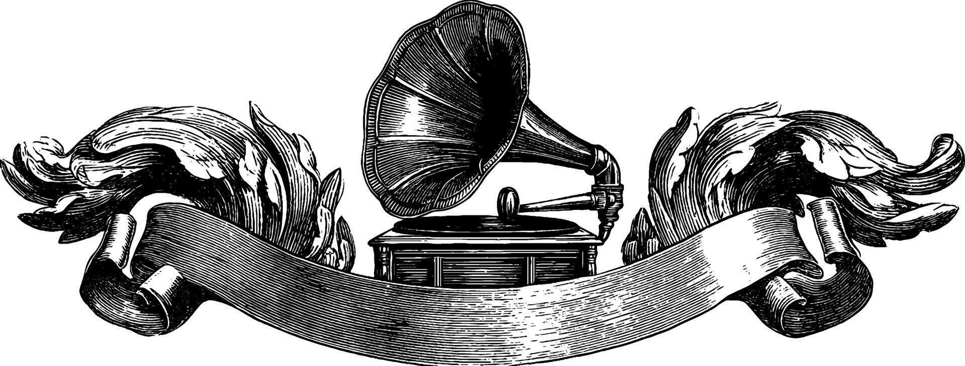 Vintage gramophone with ornate design and ribbon banner for antique music theme. vector
