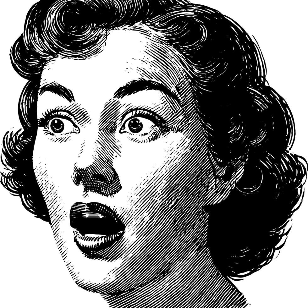 Vintage 1950s shocked expression in black and white woodcut style illustration. vector
