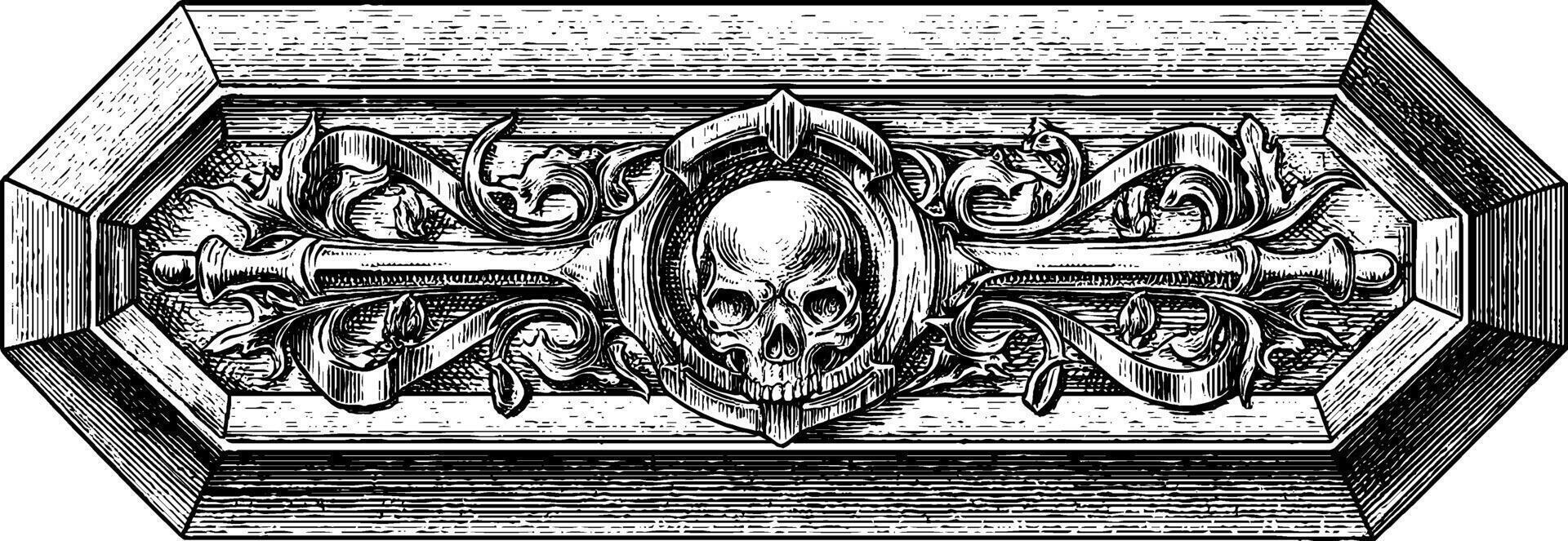 Gothic coffin with intricate carvings and skull design for halloween decor and art projects. vector