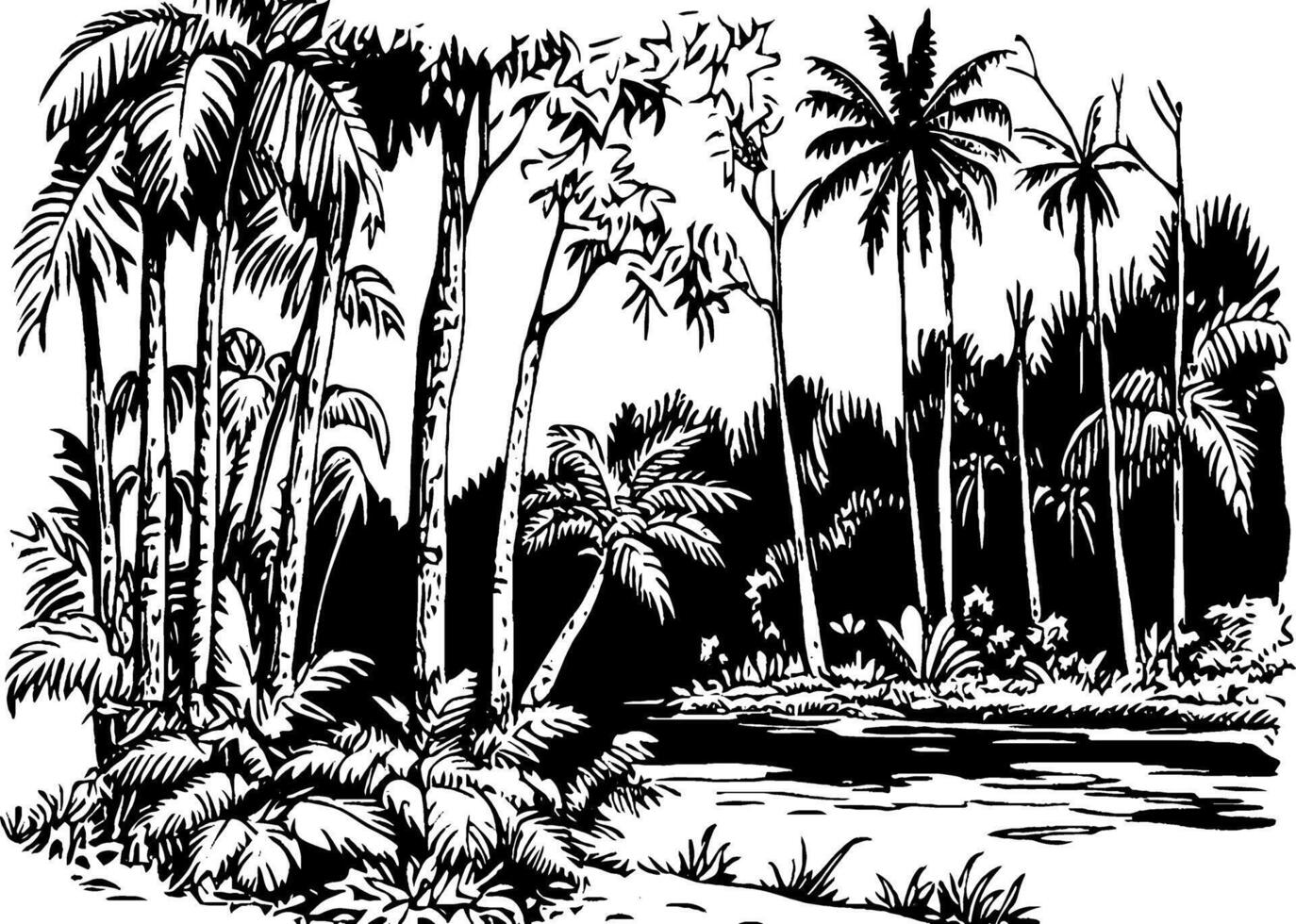 A black and white illustration of a tropical landscape featuring tall palm trees, lush vegetation, and a serene body of water. The scene captures the essence of a tranquil jungle environment. vector