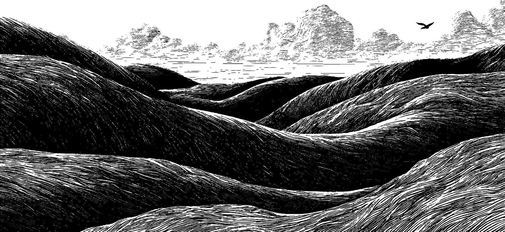 Engraved mountain landscape with rolling hills and bird in flight. vector