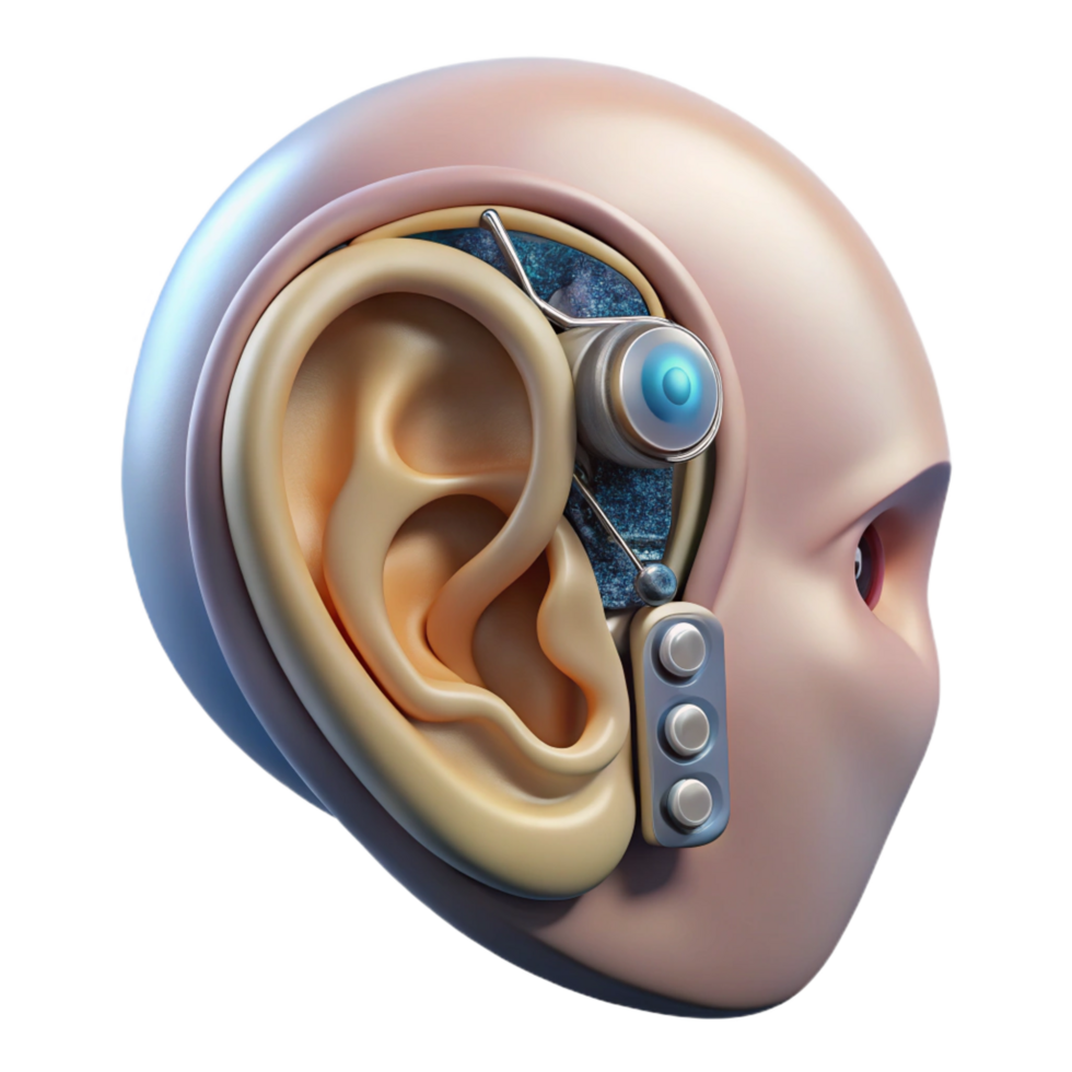 stunning minimalist Hyper-specific, photorealistic, isolated cutout, concept art style of a single, advanced, cybernetic ear implant with intricate circuitry with Transparent Background authentic png