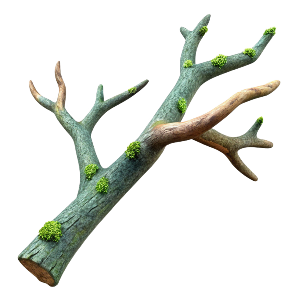 striking vintage Concept art style, isolated cutout of a single, decaying tree branch with visible bark texture and lichen growth with Transparent Background expertly shot png