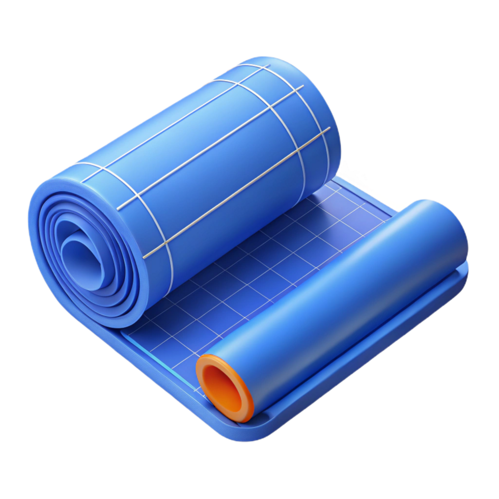 radiant memorable Photorealistic render of a single rolled-up blueprint with technical drawings visible, isolated cutout with Transparent Background png