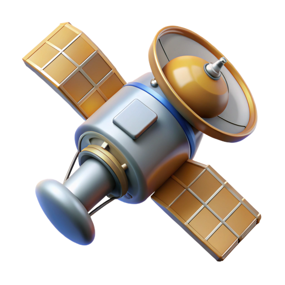 radiant unforgettable Hyper-specific, photorealistic, isolated cutout, ultra-detailed render of a single, damaged satellite with exposed wiring with Transparent Background png