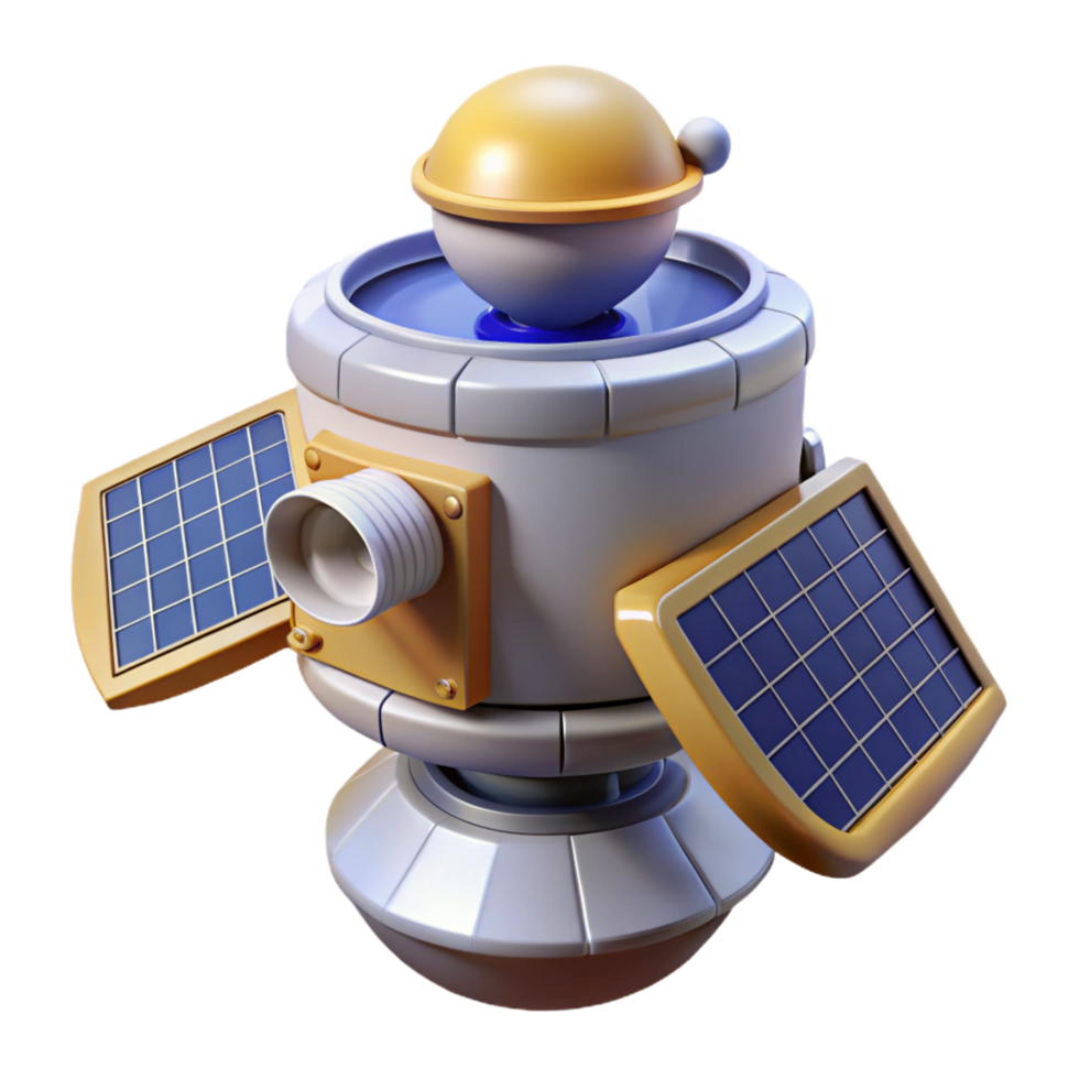 sumptuous playful baroque Hyper-specific, professional render, isolated cutout of a single, stylized, robotic space probe with extended solar panels with Transparent Background genuine png
