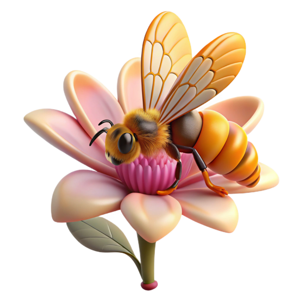 wonderful surreal Photorealistic, ultra-detailed, isolated cutout of a single honeybee collecting pollen from a flower pistil with Transparent Background ultra HD png