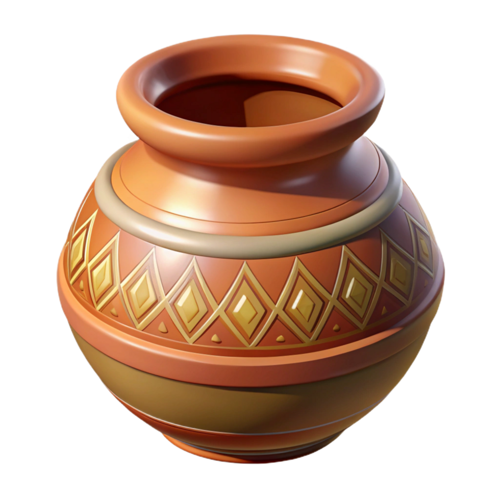 sought-after geometric Ultra-detailed, photorealistic, isolated cutout of a tribal clay pot, hand-painted patterns, geometric designs, earthenware with Transparent Background flawless png