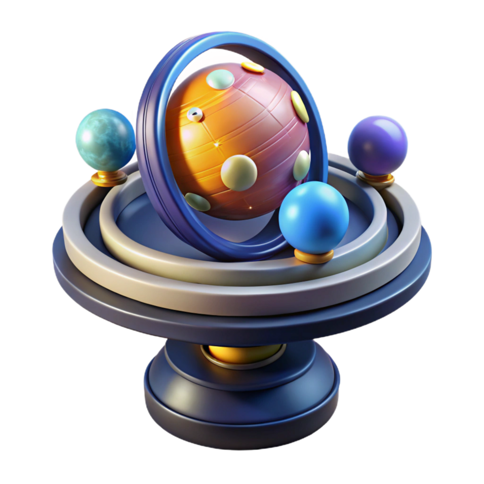 hypnotic distinguished Professional render, isolated cutout of a hyper-specific, intricately designed orrery, showcasing miniature planets and moons with Transparent Background png