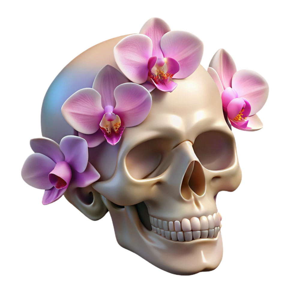 intense wonderful Photorealistic, professional render of a human skull adorned with blooming orchids with Transparent Background 8K png