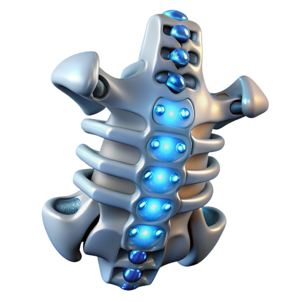 gorgeous bohemian Hyper-specific photorealistic biomechanical spine, vertebrae with integrated circuitry, glowing nodes, titanium alloy, isolated cutout with Transparent Background original png