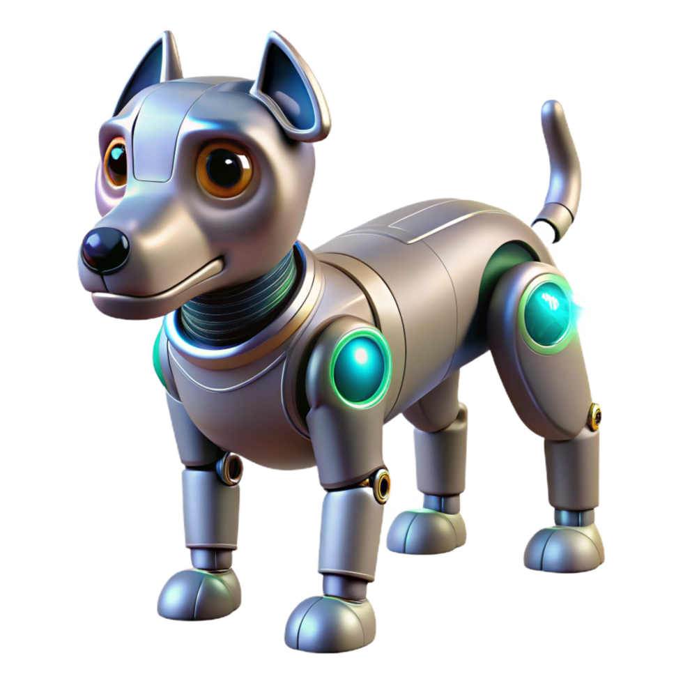 enchanting rare Hyper-specific, professional render of a robotic dog with articulated limbs, glowing sensors, and a miniature camera Photorealistic, isolated cutout with Transparent Background png
