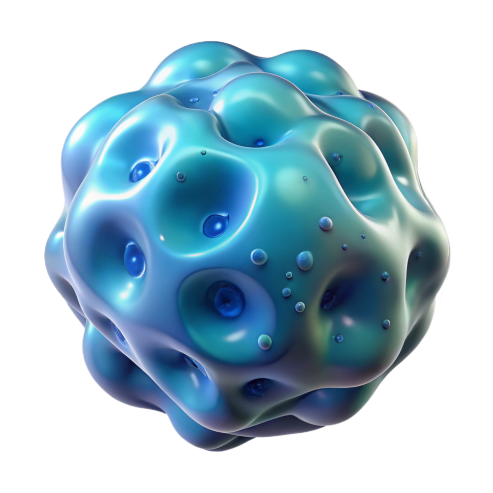 beautiful tranquil mid-century Hyper-specific, photorealistic render of an isolated, floating, bioluminescent, amorphous blob with intricate, cellular details with Transparent Background detailed png