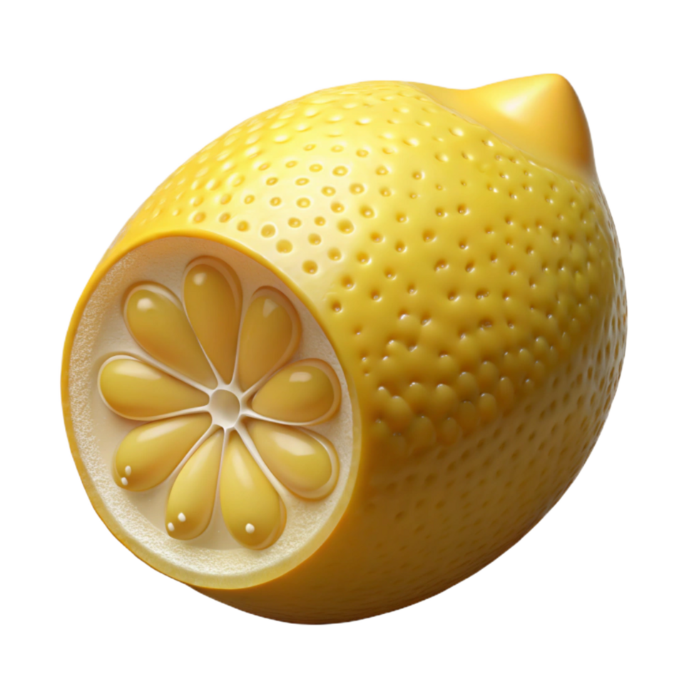 vibrant tranquil creative Photorealistic, hyper-specific render of a single, cut lemon with detailed pulp and seeds Isolated cutout with Transparent Background impeccable png