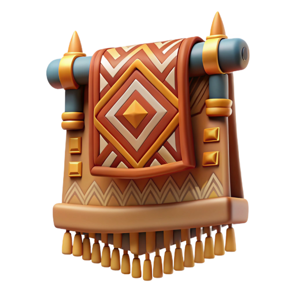 dazzling nostalgic art deco Concept art style, isolated cutout of a single tribal woven tapestry with a complex narrative scene depicted in abstract patterns with Transparent Background museum quality png