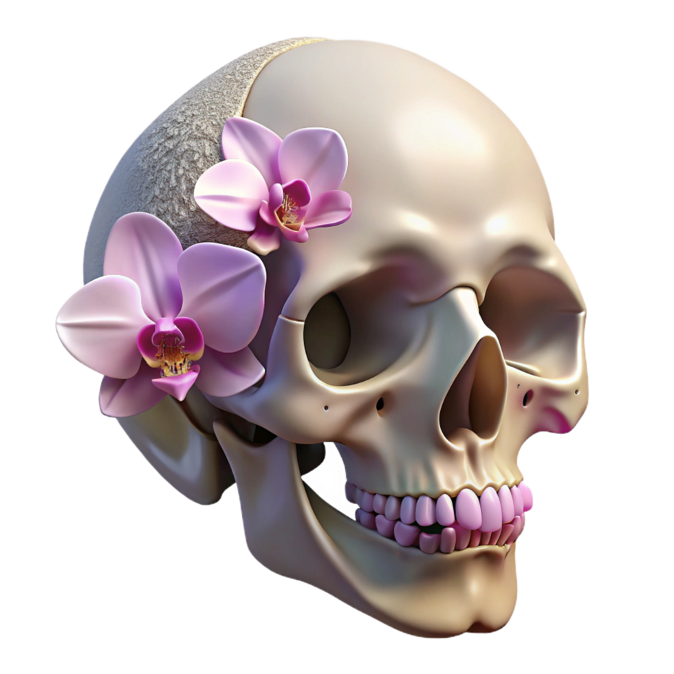 fascinating memorable Photorealistic, professional render of a human skull adorned with blooming orchids with Transparent Background png