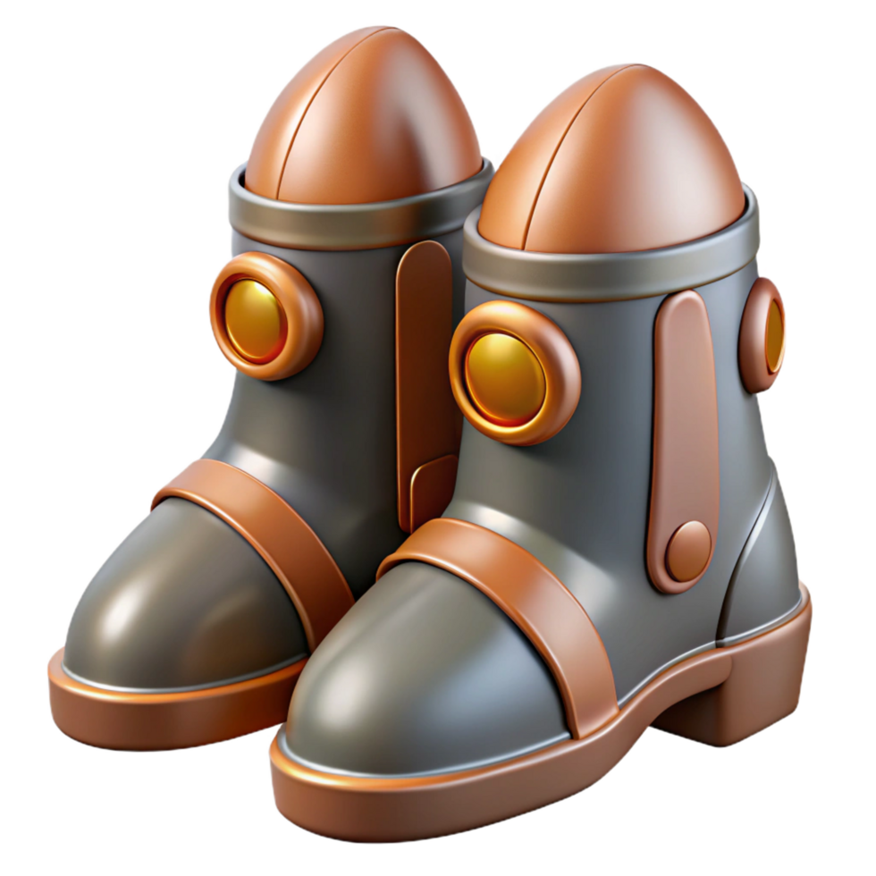 breathtaking dynamic nordic Hyper-specific concept art style illustration of a pair of streamlined rocket boots with copper detailing, isolated cutout with Transparent Background 4K png