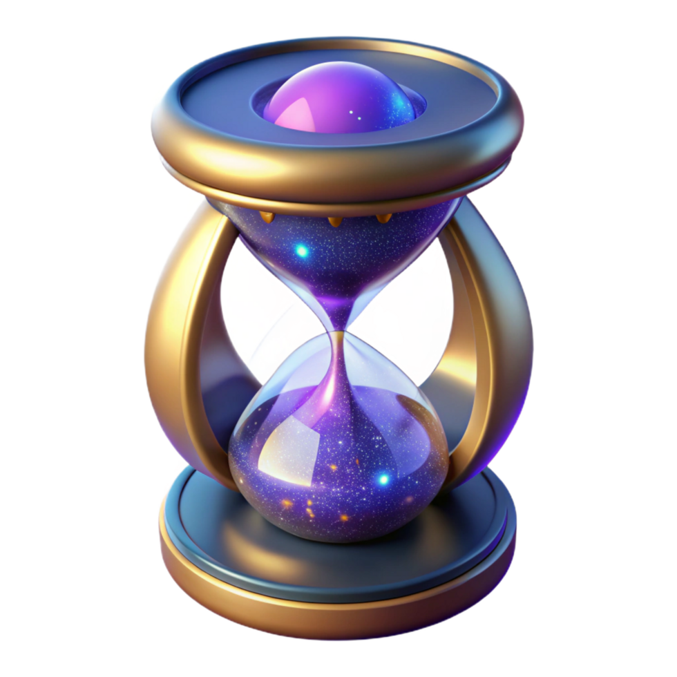 harmonious glorious Concept art style, hyper-specific, professional render of a single, ornate, cosmic hourglass filled with stardust Isolated cutout with Transparent Background gallery standard png